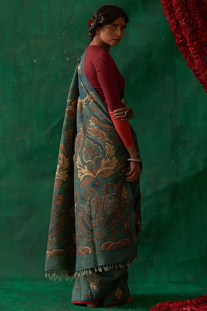 Dull Teal Hand Painted Kalamkari Wedding Saree by Kasturi Kundal at Pernia's Pop Up Shop