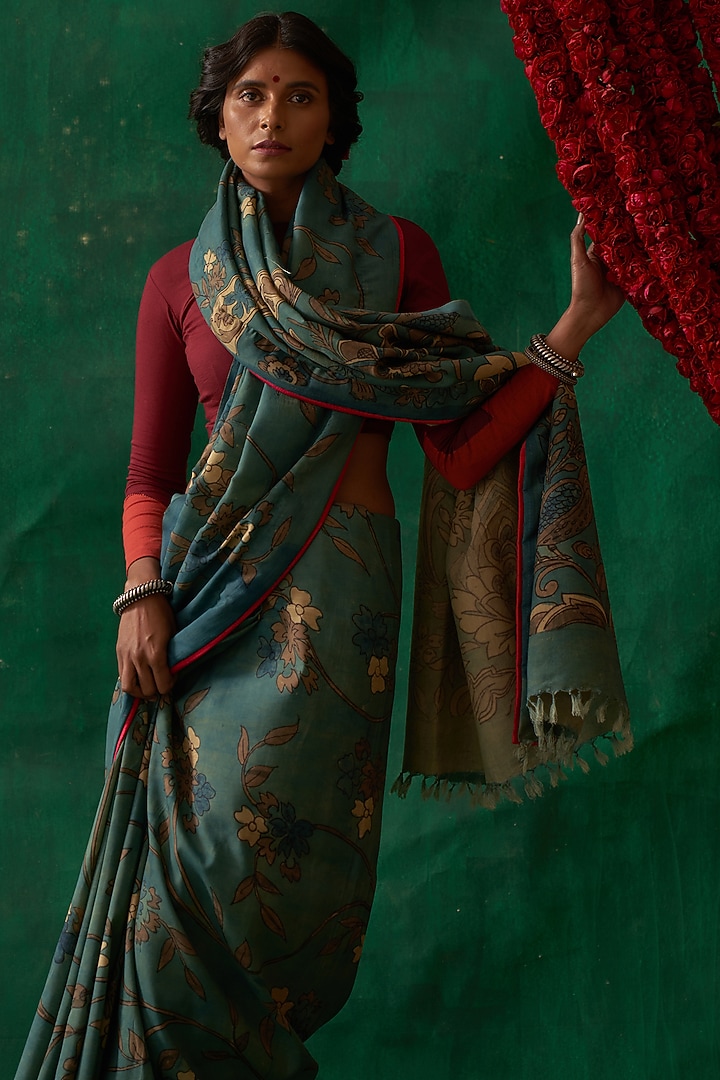 Dull Teal Hand Painted Kalamkari Wedding Saree by Kasturi Kundal at Pernia's Pop Up Shop