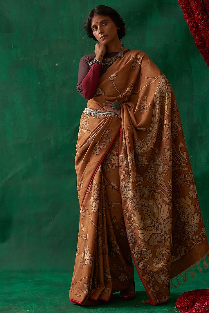 Almond Brown Pure Banarasi Silk Handpainted Kalamkari Saree by Kasturi Kundal