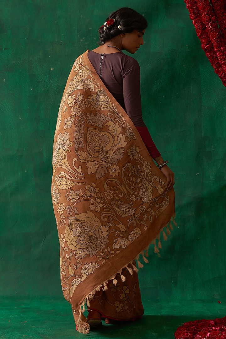 Almond Brown Pure Banarasi Silk Handpainted Kalamkari Wedding Saree by Kasturi Kundal at Pernia's Pop Up Shop