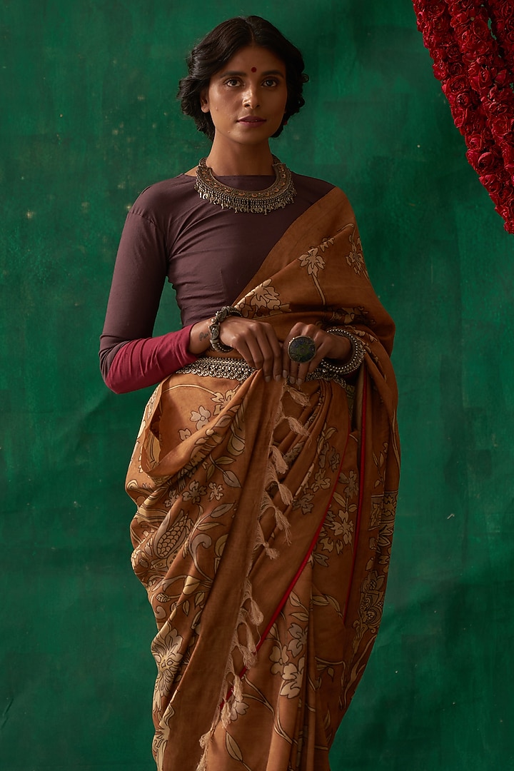 Almond Brown Pure Banarasi Silk Handpainted Kalamkari Wedding Saree by Kasturi Kundal at Pernia's Pop Up Shop