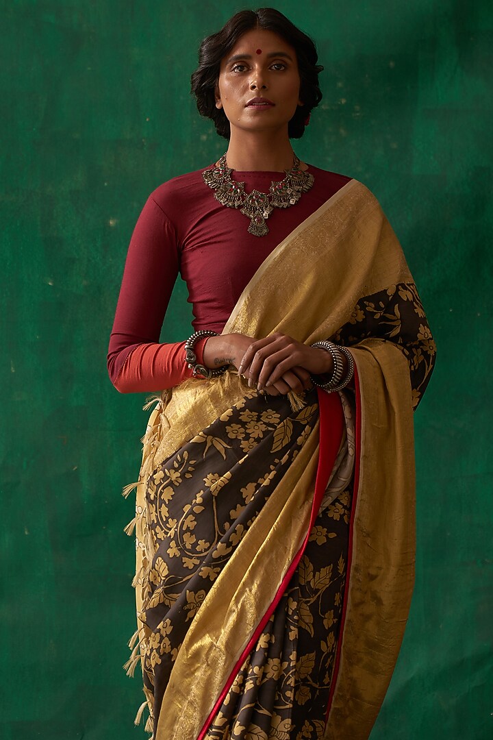 Black Pure Kanjivaram Silk Hand Painted Kalamkari Wedding Saree by Kasturi Kundal at Pernia's Pop Up Shop