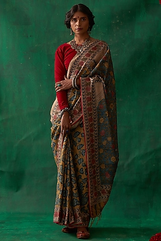 Pastel Green Pure Tussar Silk Hand Painted Kalamkari Saree by Kasturi Kundal