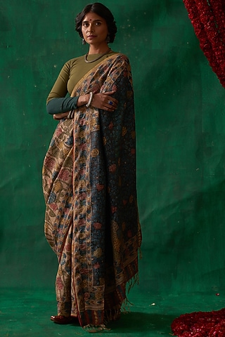 Beige Tussar Silk Hand Painted Kalamkari Saree by Kasturi Kundal