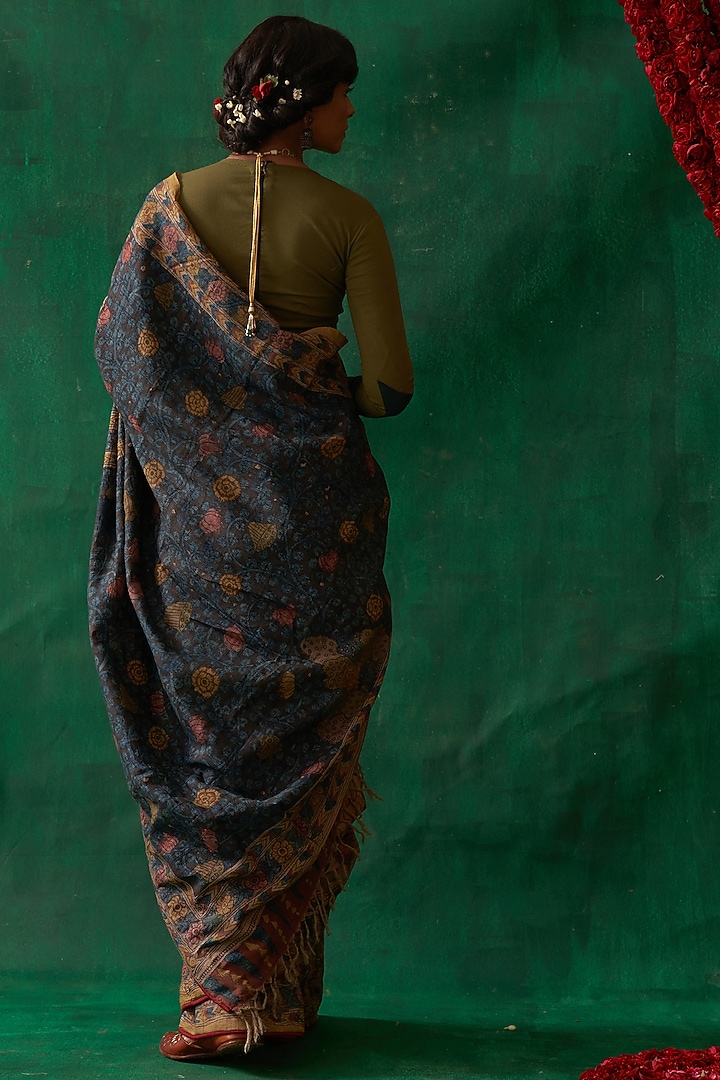 Beige Tussar Silk Hand Painted Kalamkari Wedding Saree by Kasturi Kundal at Pernia's Pop Up Shop
