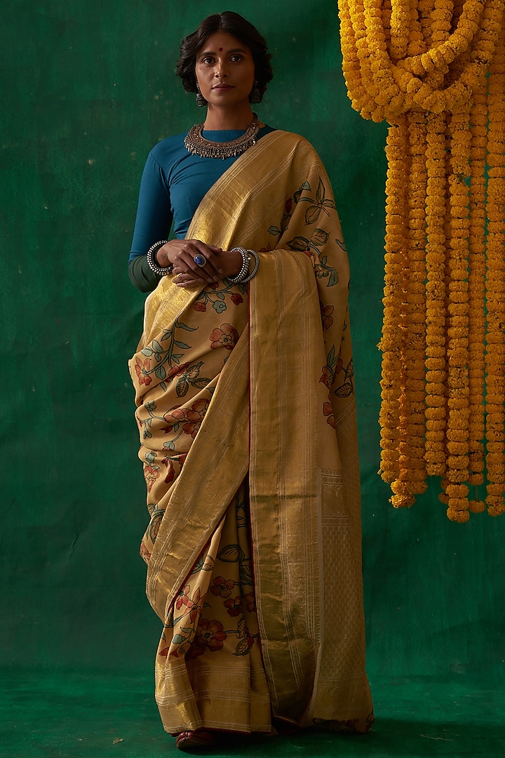 Dandelion Yellow Pure Kanjivaram Silk Handpainted Saree by Kasturi Kundal