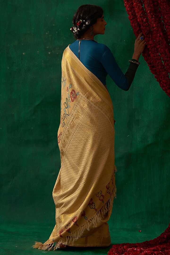Dandelion Yellow Pure Kanjivaram Silk Handpainted Wedding Saree by Kasturi Kundal at Pernia's Pop Up Shop