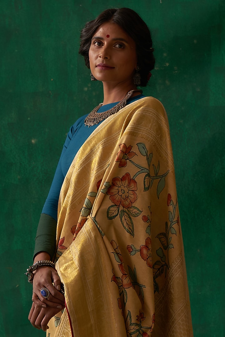 Dandelion Yellow Pure Kanjivaram Silk Handpainted Wedding Saree by Kasturi Kundal at Pernia's Pop Up Shop