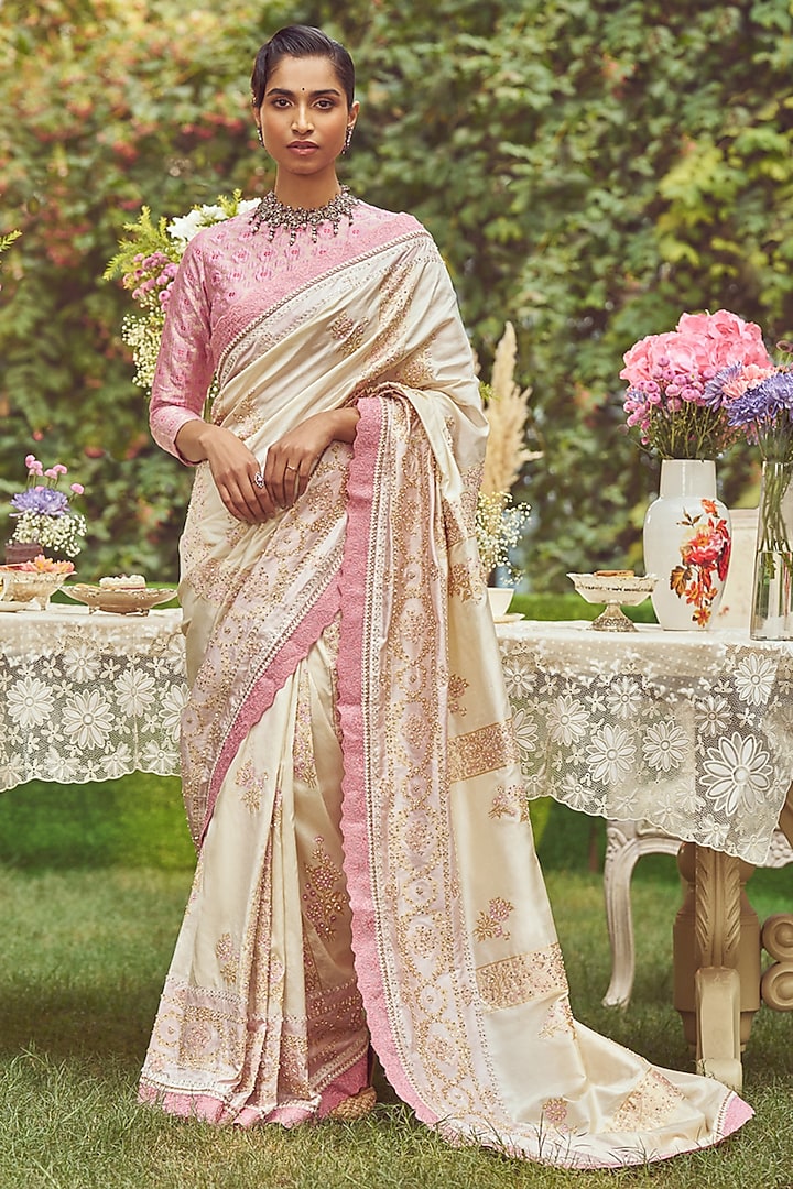 Ivory Katan Silk Pearl Embroidered Banarasi Handloom Saree Set by Kasturi Kundal at Pernia's Pop Up Shop