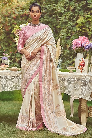 Ivory Katan Silk Pearl Embroidered Banarasi Handloom Saree Set by Kasturi Kundal