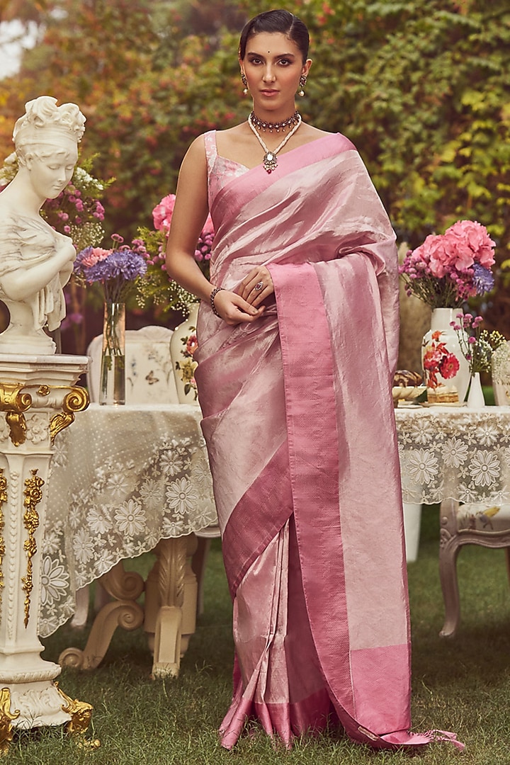 Fluorescent Pink Katan Silk Banarasi Handloom Saree Set by Kasturi Kundal at Pernia's Pop Up Shop