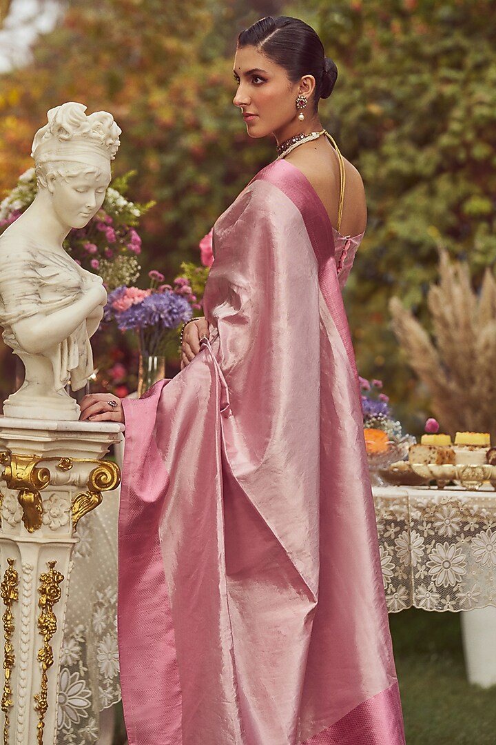 Fluorescent Pink Katan Silk Banarasi Handloom Wedding Saree Set by Kasturi Kundal at Pernia's Pop Up Shop