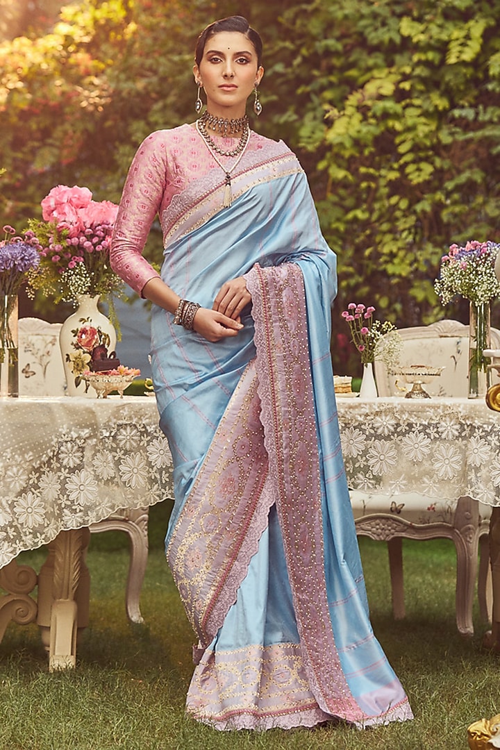 Powder Blue Katan Silk Embroidered Banarasi Handloom Saree Set by Kasturi Kundal at Pernia's Pop Up Shop