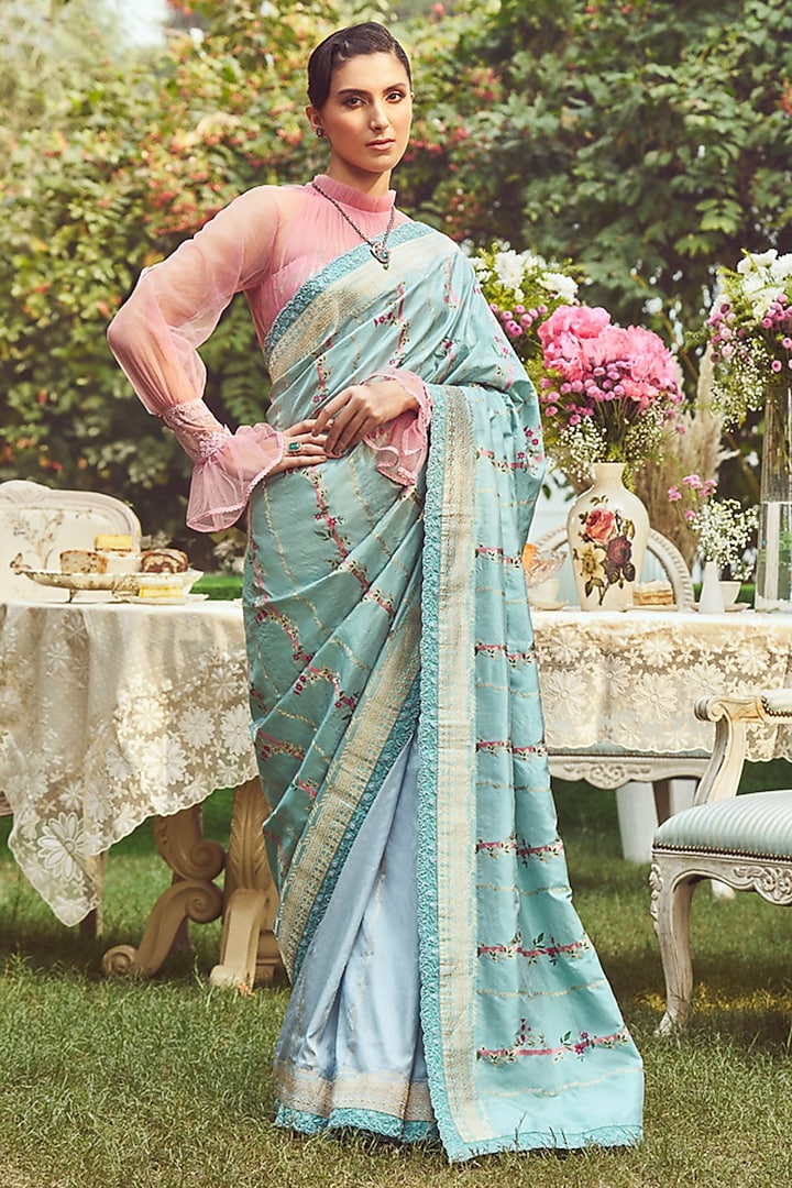 Blue Katan Silk French Knot Embroidered Banarasi Handloom Saree Set by Kasturi Kundal at Pernia's Pop Up Shop