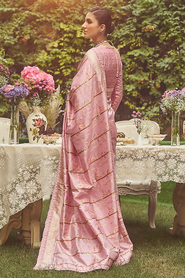 Pink Katan Silk French Knot Embroidered Banarasi Handloom Wedding Saree Set by Kasturi Kundal at Pernia's Pop Up Shop