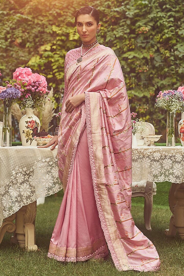 Pink Katan Silk French Knot Embroidered Banarasi Handloom Wedding Saree Set by Kasturi Kundal at Pernia's Pop Up Shop