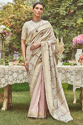 Sand Colored Katan Silk Embroidered Banarasi Handloom Saree Set by Kasturi Kundal