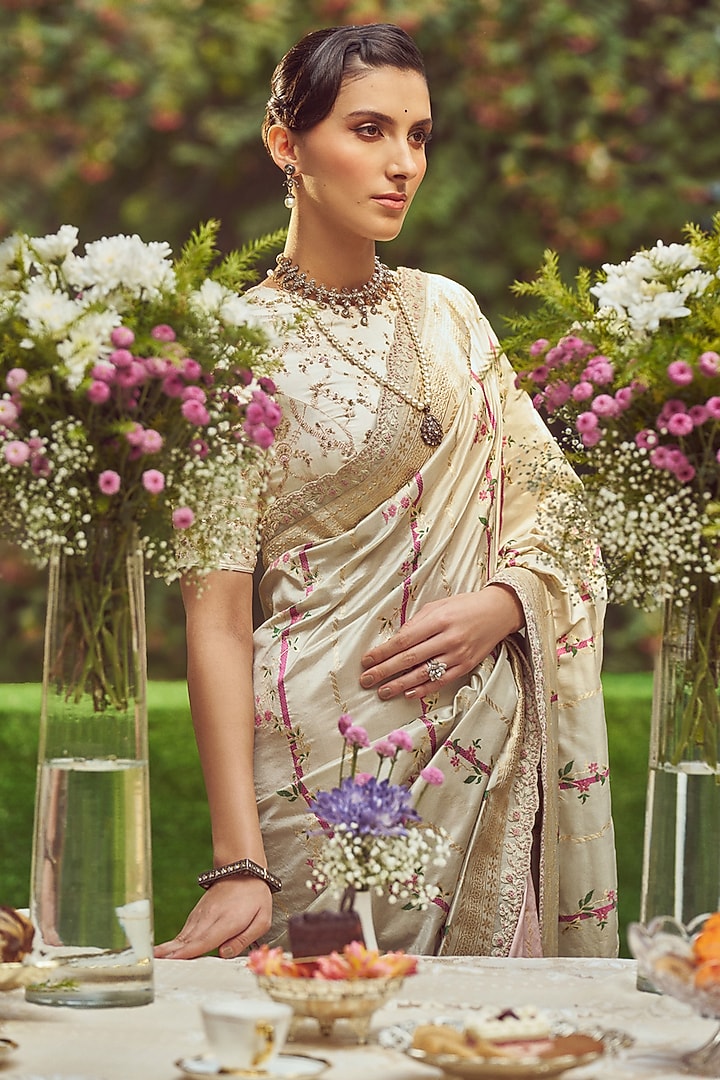 Sand Colored Katan Silk Embroidered Banarasi Handloom Wedding Saree Set by Kasturi Kundal at Pernia's Pop Up Shop