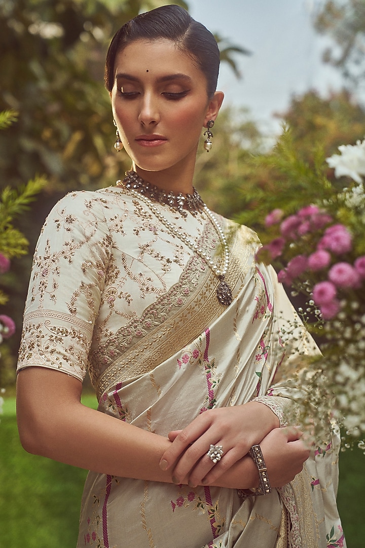 Sand Colored Katan Silk Embroidered Banarasi Handloom Wedding Saree Set by Kasturi Kundal at Pernia's Pop Up Shop