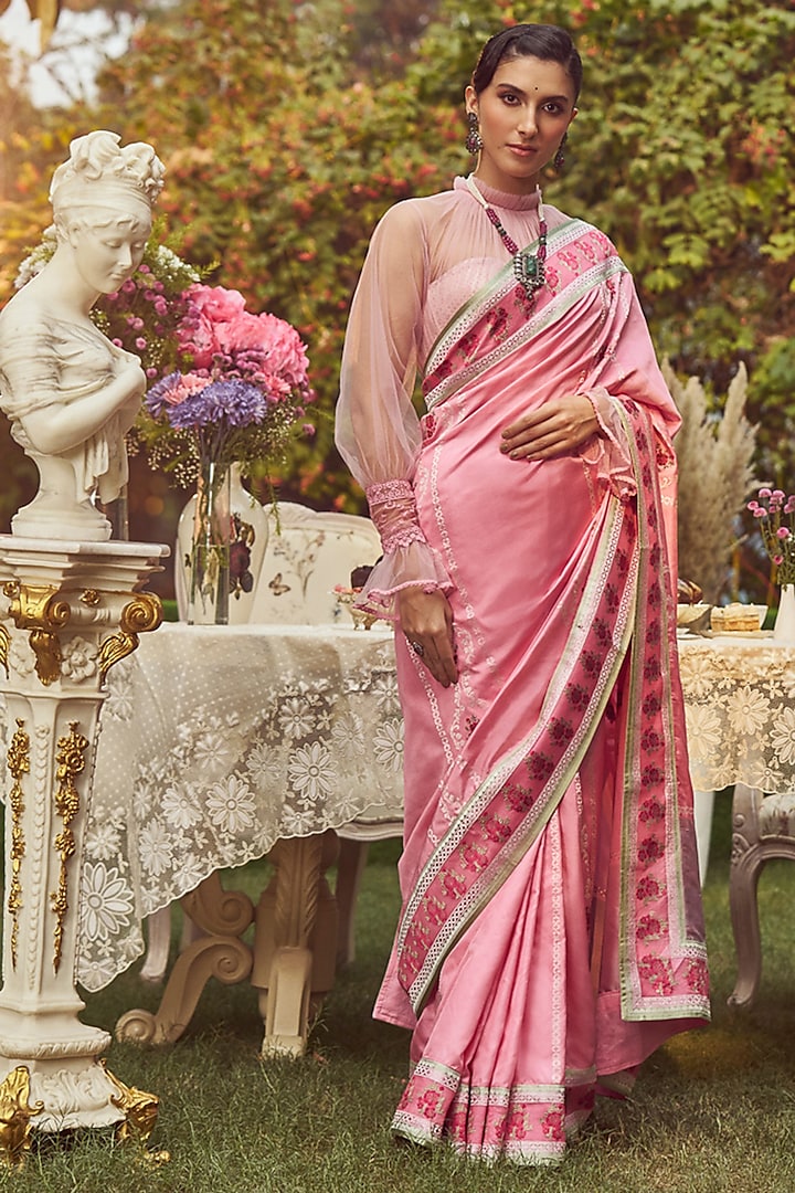 Pink Katan Silk Meenakari Banarasi Handloom Saree Set by Kasturi Kundal at Pernia's Pop Up Shop