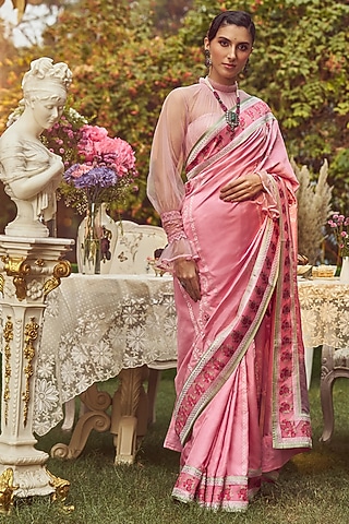 Pink Katan Silk Meenakari Banarasi Handloom Saree Set by Kasturi Kundal