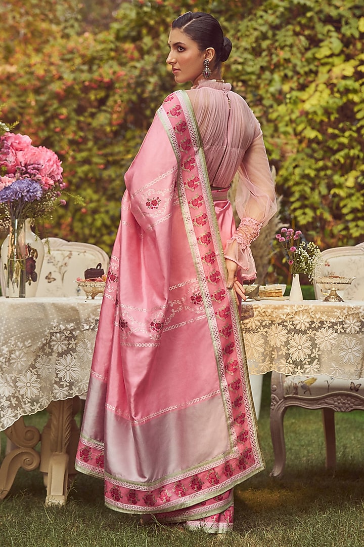 Pink Katan Silk Meenakari Banarasi Handloom Wedding Saree Set by Kasturi Kundal at Pernia's Pop Up Shop