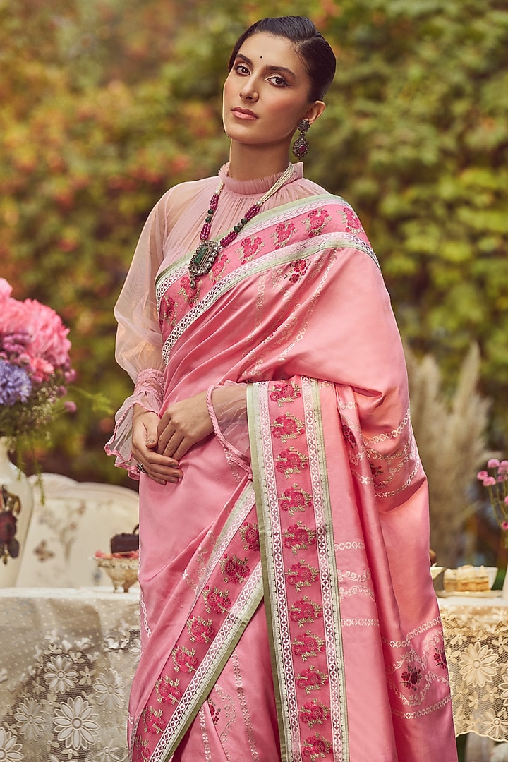 Pink Katan Silk Meenakari Banarasi Handloom Wedding Saree Set by Kasturi Kundal at Pernia's Pop Up Shop