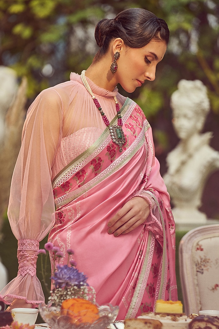 Pink Katan Silk Meenakari Banarasi Handloom Wedding Saree Set by Kasturi Kundal at Pernia's Pop Up Shop