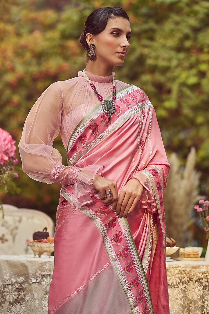 Pink Katan Silk Meenakari Banarasi Handloom Wedding Saree Set by Kasturi Kundal at Pernia's Pop Up Shop