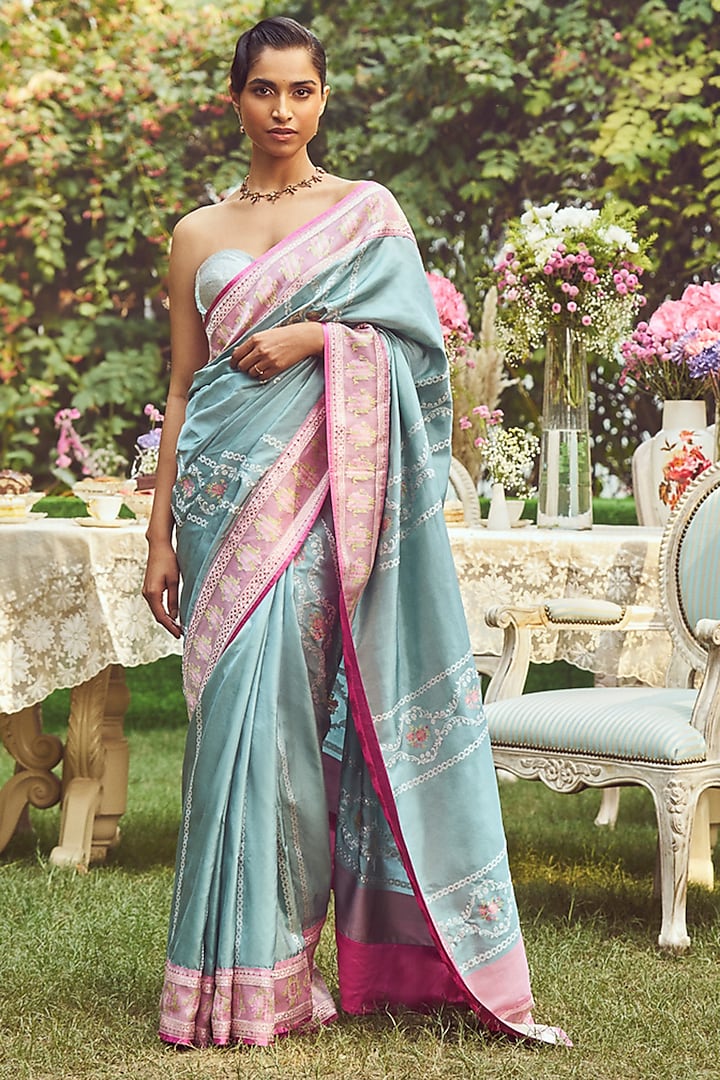 Blue Katan Silk Meenakari Banarasi Handloom Saree Set by Kasturi Kundal at Pernia's Pop Up Shop