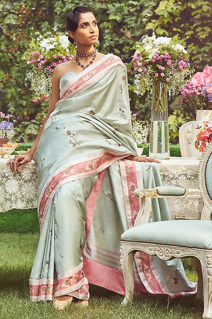 Pastel Green Katan Silk Meenakari Banarasi Handloom Saree Set by Kasturi Kundal at Pernia's Pop Up Shop