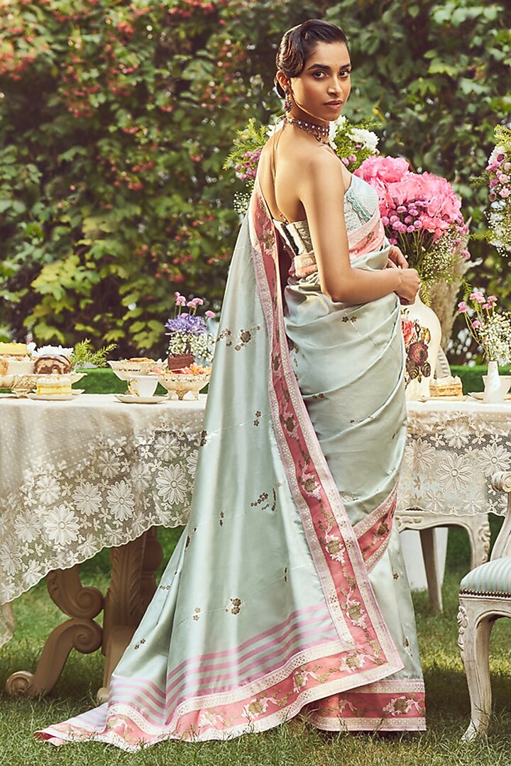 Pastel Green Katan Silk Meenakari Banarasi Handloom Wedding Saree Set by Kasturi Kundal at Pernia's Pop Up Shop