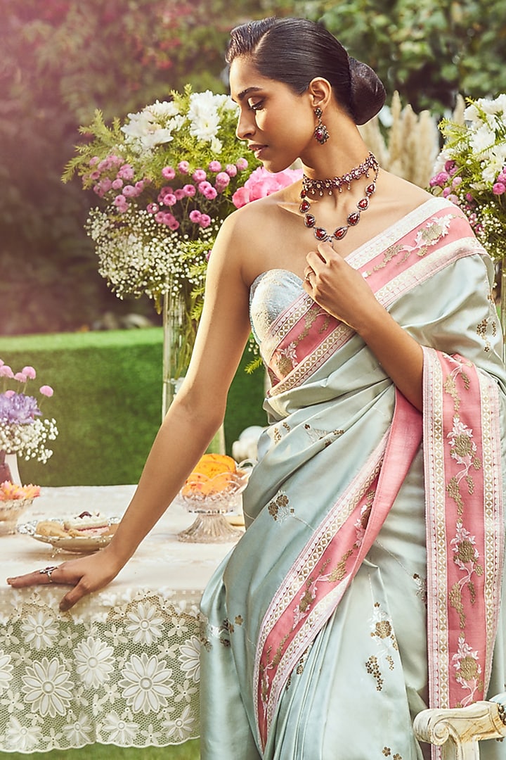 Pastel Green Katan Silk Meenakari Banarasi Handloom Wedding Saree Set by Kasturi Kundal at Pernia's Pop Up Shop