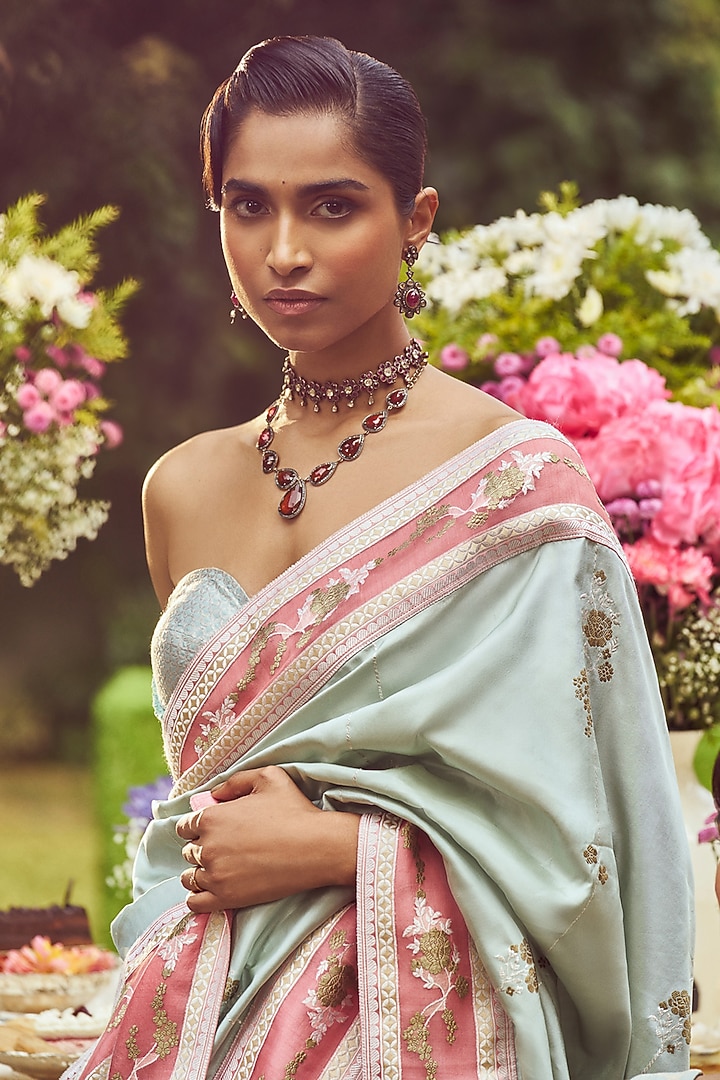 Pastel Green Katan Silk Meenakari Banarasi Handloom Wedding Saree Set by Kasturi Kundal at Pernia's Pop Up Shop