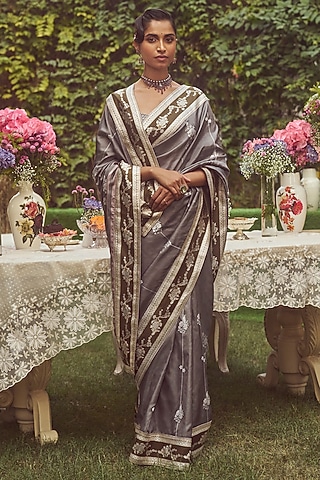 Grey Katan Silk Meenakari Banarasi Handloom Saree Set by Kasturi Kundal