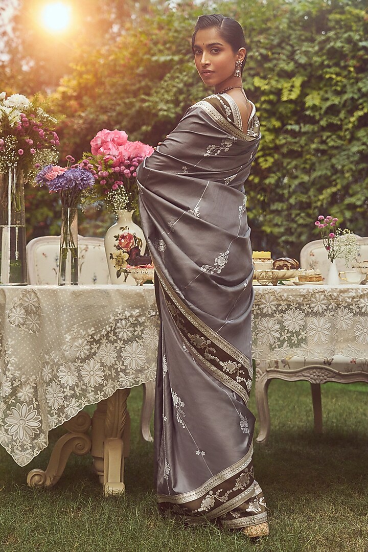 Grey Katan Silk Meenakari Banarasi Handloom Wedding Saree Set by Kasturi Kundal at Pernia's Pop Up Shop