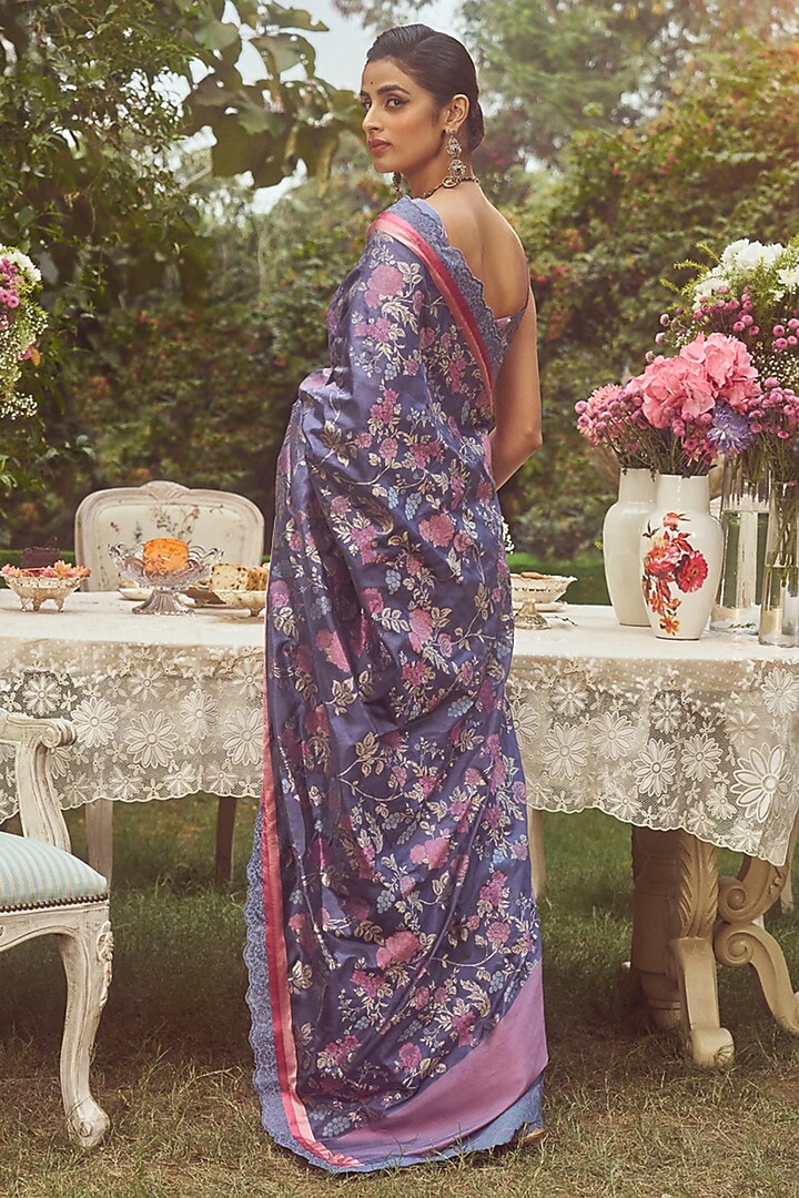 Blue Katan Silk Lace Aari Work Banarasi Handloom Reception Saree Set by Kasturi Kundal at Pernia's Pop Up Shop