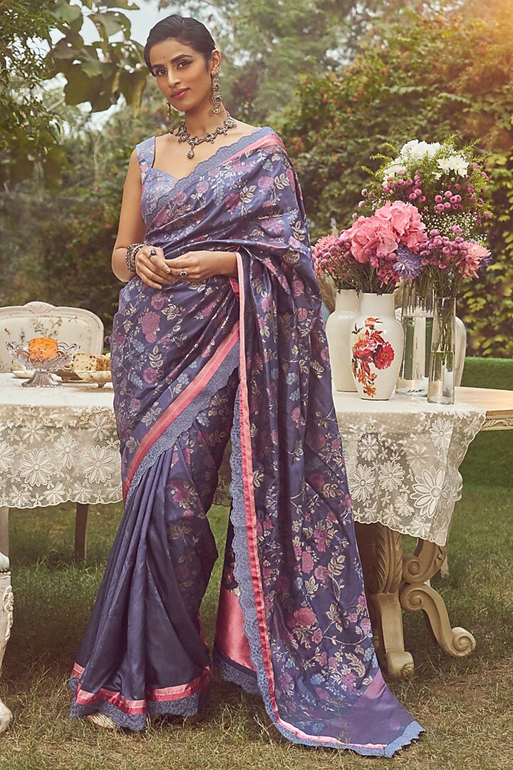 Blue Katan Silk Lace Aari Work Banarasi Handloom Reception Saree Set by Kasturi Kundal at Pernia's Pop Up Shop