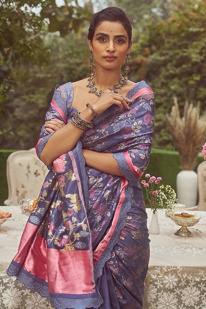 Blue Katan Silk Lace Aari Work Banarasi Handloom Reception Saree Set by Kasturi Kundal at Pernia's Pop Up Shop