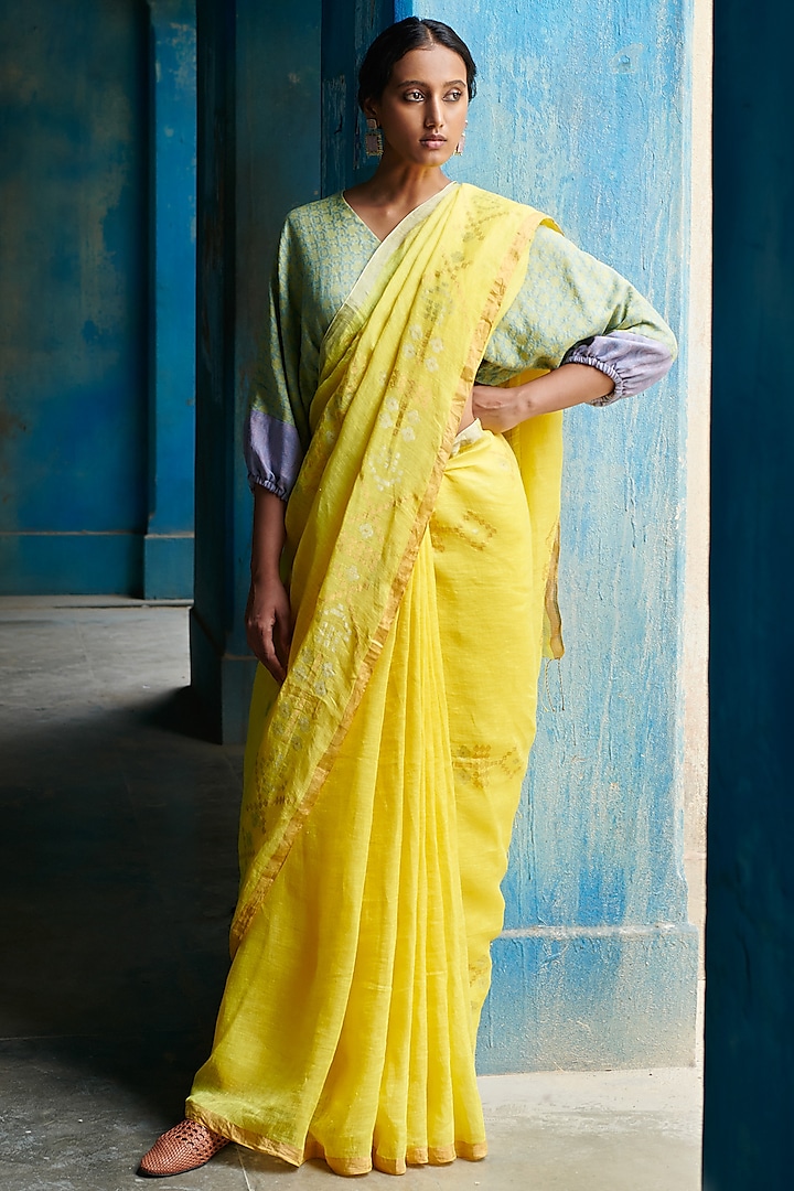 Yellow Pure Jamdani Linen Handloom Geometric Motif Embroidered Saree by Kasturi Kundal