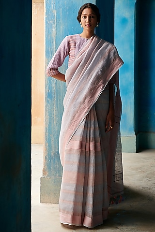 Pink Pure Linen Handloom Geometric Motif Embroidered Saree by Kasturi Kundal