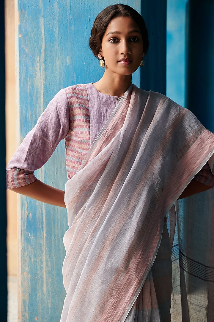 Pink Pure Linen Handloom Geometric Motif Embroidered Festive Saree by Kasturi Kundal at Pernia's Pop Up Shop