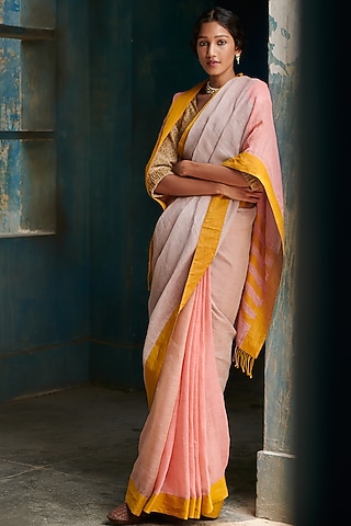 Peach Pure Linen Handloom Saree by Kasturi Kundal