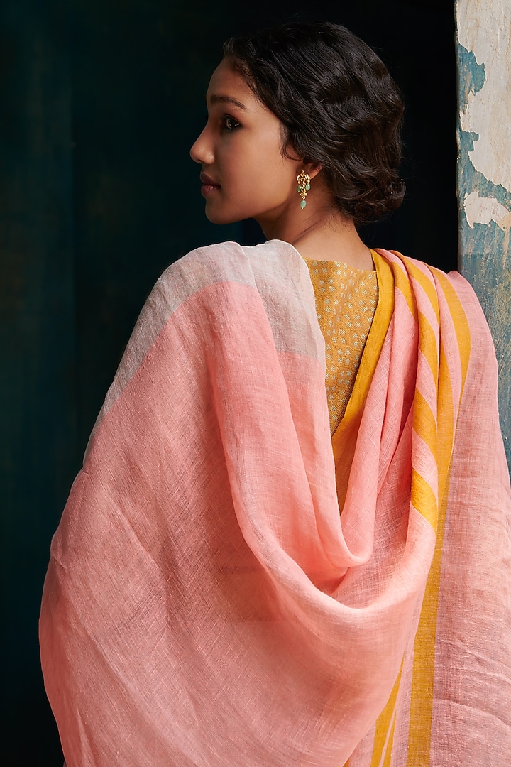 Peach Pure Linen Handloom Festive Saree by Kasturi Kundal at Pernia's Pop Up Shop