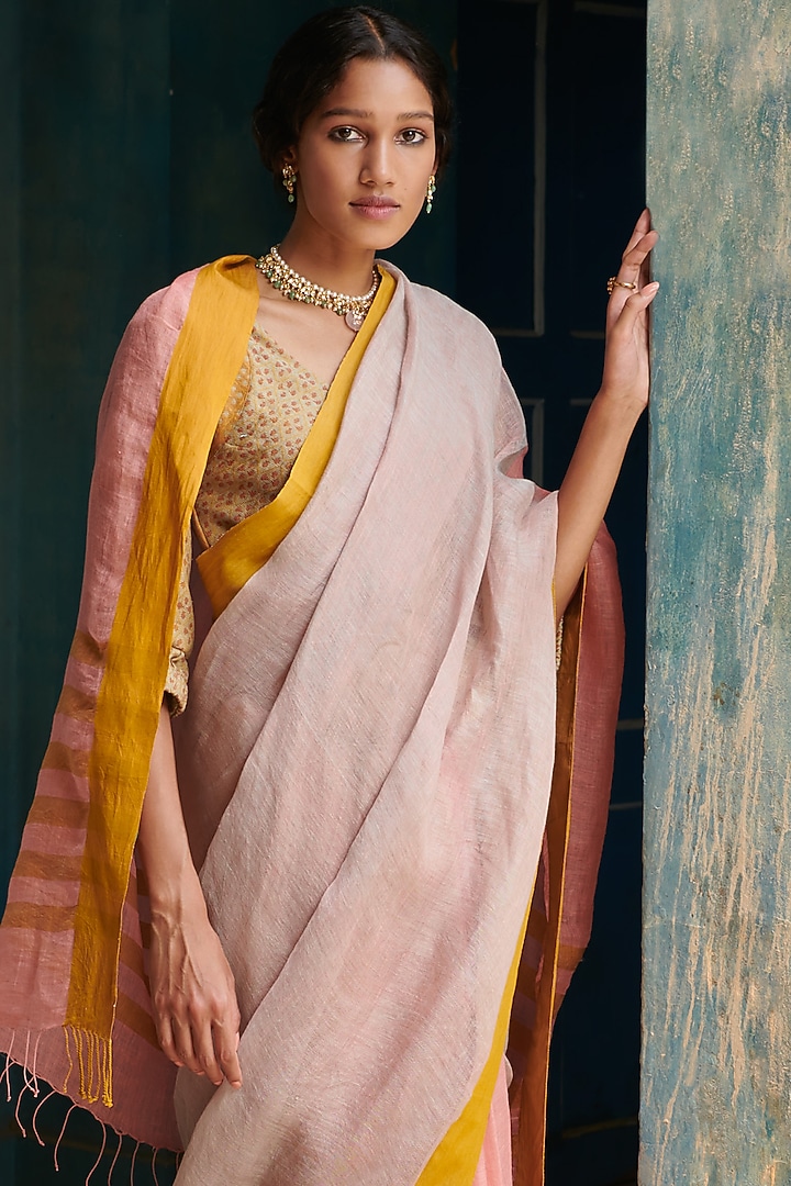 Peach Pure Linen Handloom Festive Saree by Kasturi Kundal at Pernia's Pop Up Shop