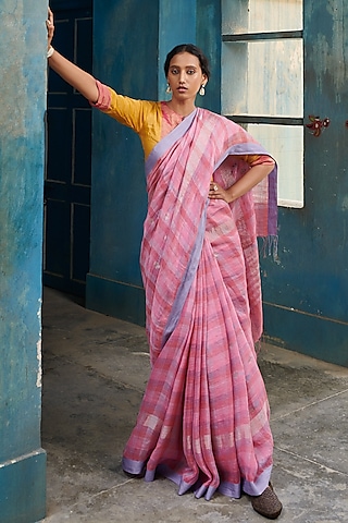 Pink Pure Jamdani Linen Handloom Geometric Motif Embroidered Saree by Kasturi Kundal