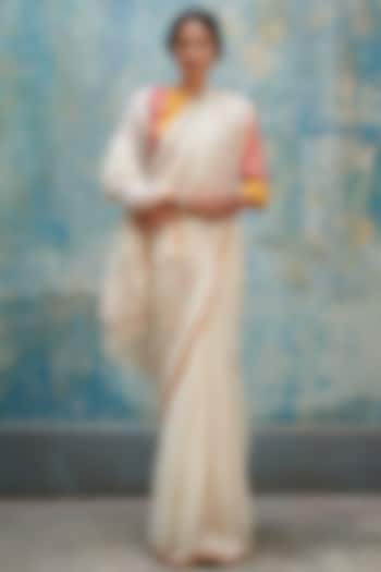 White Linen Handloom Saree by Kasturi Kundal