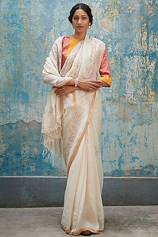 White Linen Handloom Saree by Kasturi Kundal