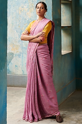 Mauve Pure Jamdani Linen Handloom Geometric Motif Embroidered Saree by Kasturi Kundal