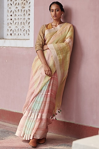 Multi-Colored Pure Linen Handloom Geometric Motif Embroidered Saree by Kasturi Kundal